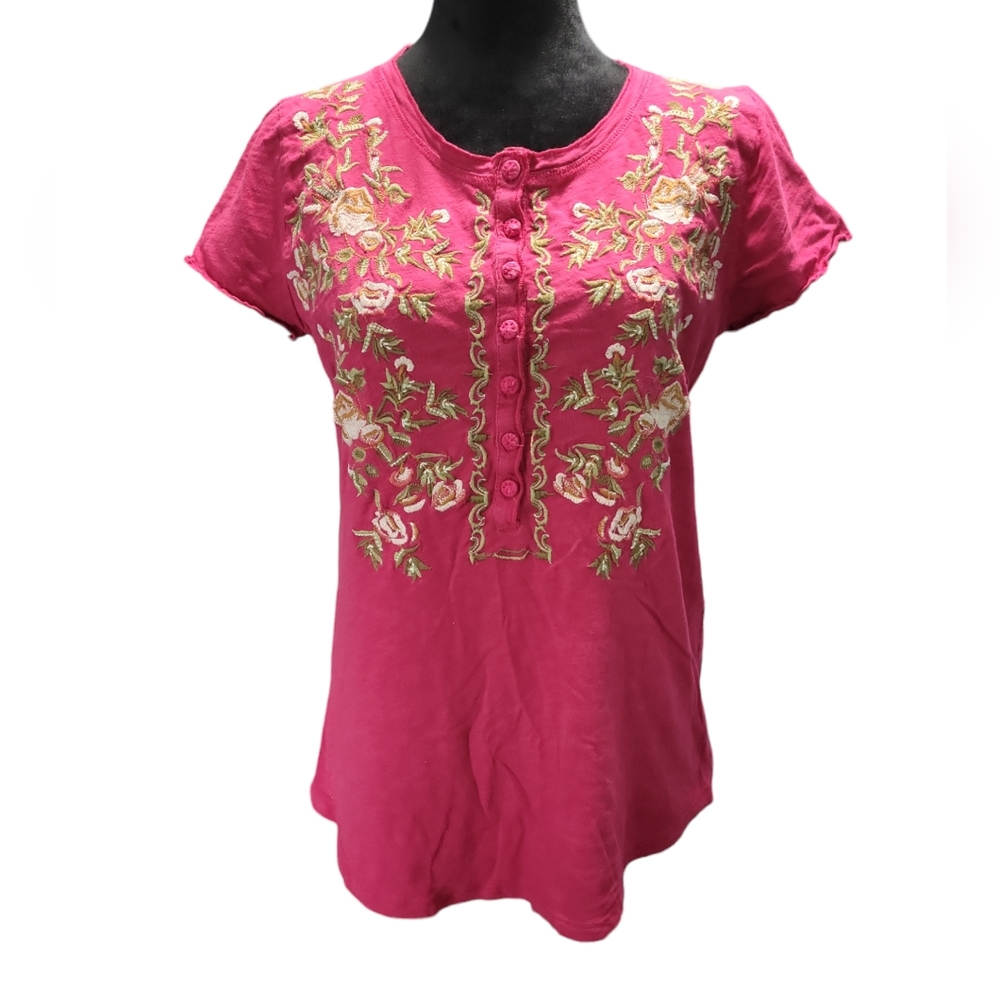 Sundance Floral Embroidered Popover Top 1/2 Button Short Sleeve Knit Pink Small